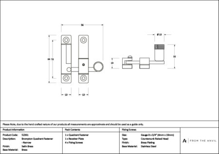 Satin Brass Brompton Quadrant Fastener - Narrow | 52361 - Image 3