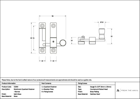 Satin Brass Mushroom Quadrant Fastener - Narrow | 52364 - Image 3