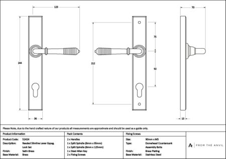 Satin Brass Reeded Slimline Lever Espag. Lock Set | 52424 - Image 7
