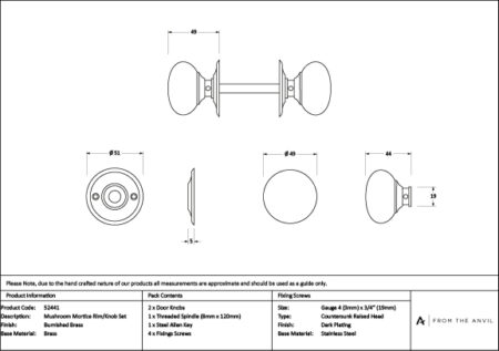 Burnished Brass 49mm Mushroom Mortice/Rim Knob Set | 52441 - Image 4