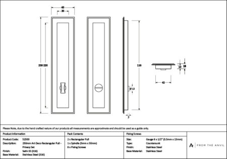 Satin Marine SS (316) 250mm Art Deco Rectangular Pull -Privacy Set | 52500 - Image 4