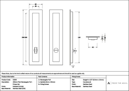 Polished Marine SS (316) 250mm Plain Rectangular Pull - Privacy Set | 52503 - Image 4