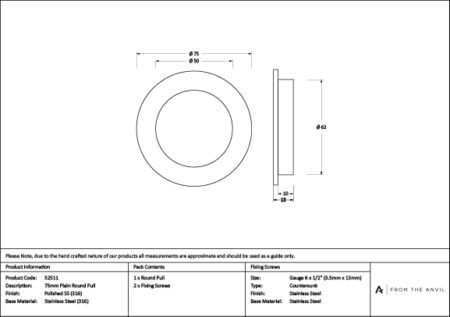 Polished Marine SS (316) 75mm Plain Round Pull | 52511 - Image 3
