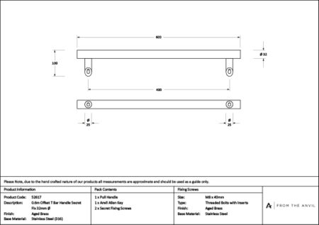 Aged Brass (316) 0.6m Offset T Bar Handle Secret Fix 32mm Ø | 52617 - Image 5