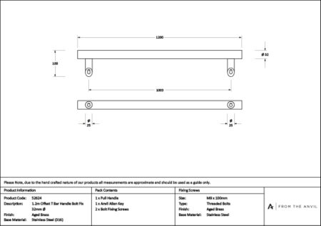 Aged Brass (316) 1.2m Offset T Bar Handle Bolt Fix 32mm Ã˜ | 52624 - Image 5