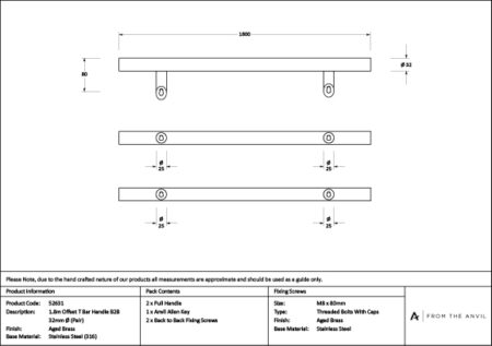 Aged Brass (316) 1.8m Offset T Bar Handle B2B 32mm Ã˜ | 52631 - Image 5