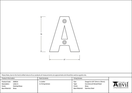 Polished Brass Letter A | 83801A - Image 2