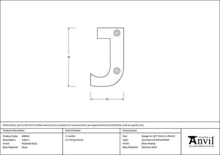 Polished Brass Letter J | 83801J - Image 2