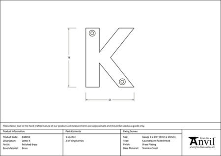 Polished Brass Letter K | 83801K - Image 2