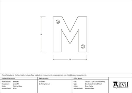 Polished Brass Letter M | 83801M - Image 2
