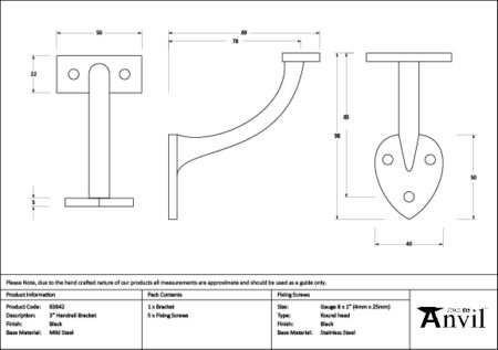 Black 3" Handrail Bracket | 83842 - Image 2