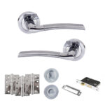 Eco Swell Door Handle Pack (Bathroom Set - 2.5" CE Bathroom Lock, 4" Fire Rated Hinges x3) - Satin Chrome/Polished Chrome