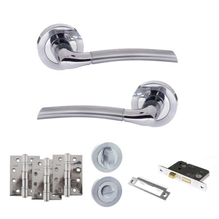 Eco Swell Door Handle Pack (Bathroom Set - 3" CE Bathroom Lock, 4" Fire Rated Hinges x3) - Satin Chrome/Polished Chrome