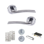 Eco Swell Door Handle Pack (Bathroom Set - 2.5" CE Bathroom Lock, 4" Slim Knuckle Hinges x2) - Satin Chrome/Polished Chrome