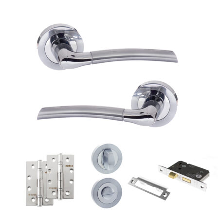 Eco Swell Door Handle Pack (Bathroom Set - 3" CE Bathroom Lock, 4" Slim Knuckle Hinges x2) - Satin Chrome/Polished Chrome