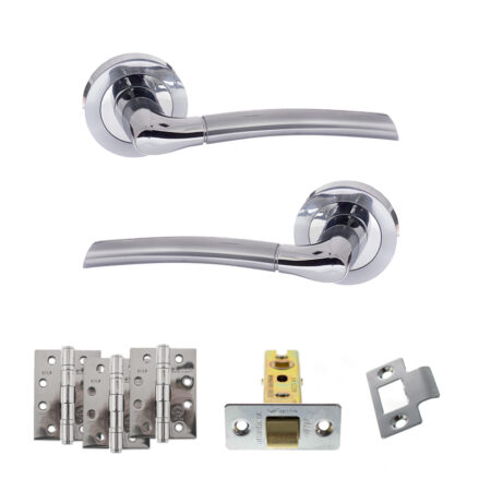 Eco Swell Door Handle Pack (Latch Set - 3" CE Latch, 4" Fire Rated Hinges x3) - Satin Chrome/Polished Chrome
