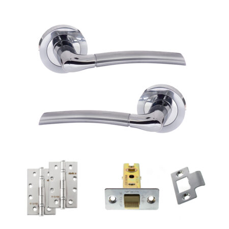 Eco Swell Door Handle Pack (Latch Set - 2.5" CE Latch, 4" Slim Knuckle Hinges x2) - Satin Chrome/Polished Chrome