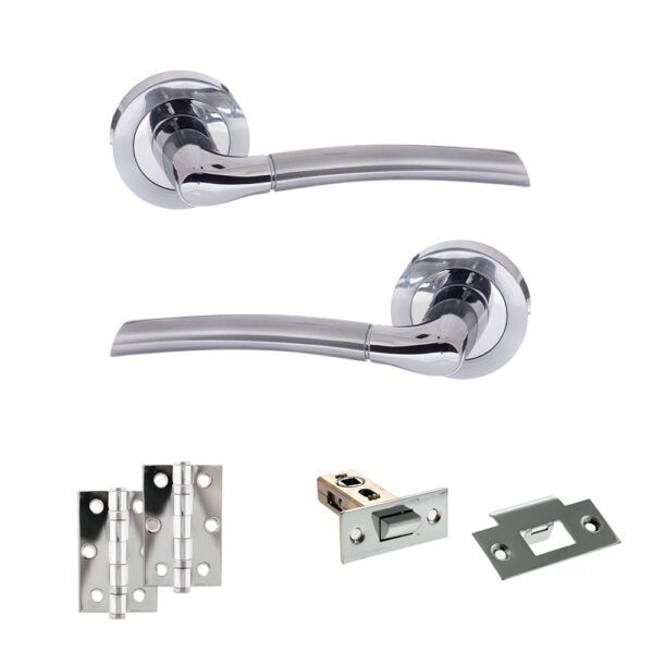 Eco Swell Door Handle Pack (Latch Set - 2.5" Latch, 3" Hinges x2) - Satin Chrome/Polished Chrome