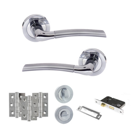 Eco Swell Door Handle Pack (Bathroom Set - 2.5" CE Bathroom Lock, 3" Fire Rated Hinges x3) - Satin Chrome/Polished Chrome