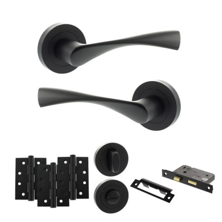 Eco Aqua Door Handle Pack (Bathroom Set - 2.5" CE Bathroom Lock, 4" Fire Rated Hinges x3) - Matt Black