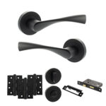 Eco Aqua Door Handle Pack (Bathroom Set - 3" CE Bathroom Lock, 4" Fire Rated Hinges x3) - Matt Black