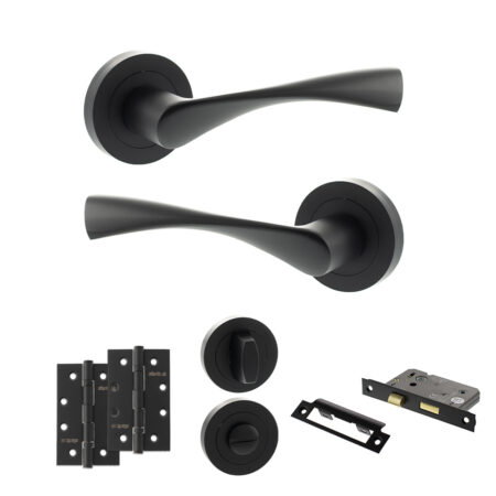 Eco Aqua Door Handle Pack (Bathroom Set - 3" CE Bathroom Lock, 4" Slim Knuckle Hinges x2) - Matt Black