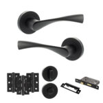 Eco Aqua Door Handle Pack (Bathroom Set - 2.5" CE Bathroom Lock, 3" Fire Rated Hinges x3) - Matt Black