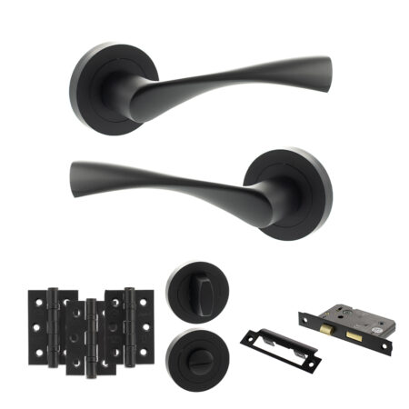 Eco Aqua Door Handle Pack (Bathroom Set - 3" CE Bathroom Lock, 3" Fire Rated Hinges x3) - Matt Black