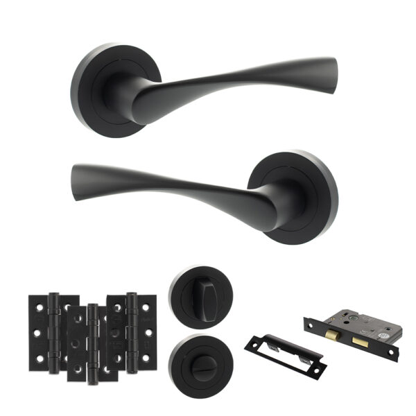 Eco Aqua Door Handle Pack (Bathroom Set - 3" CE Bathroom Lock, 3" Fire Rated Hinges x3) - Matt Black