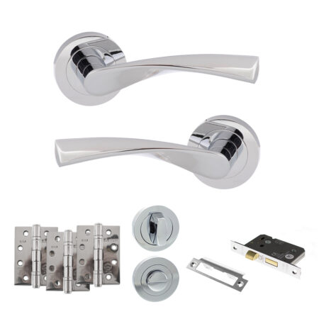 Eco Aqua Door Handle Pack (Bathroom Set - 2.5" CE Bathroom Lock, 4" Fire Rated Hinges x3) - Polished Chrome