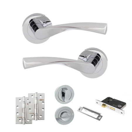 Eco Aqua Door Handle Pack (Bathroom Set - 2.5" CE Bathroom Lock, 4" Slim Knuckle Hinges x2) - Polished Chrome