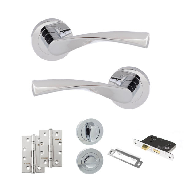Eco Aqua Door Handle Pack (Bathroom Set - 2.5" CE Bathroom Lock, 4" Slim Knuckle Hinges x2) - Polished Chrome