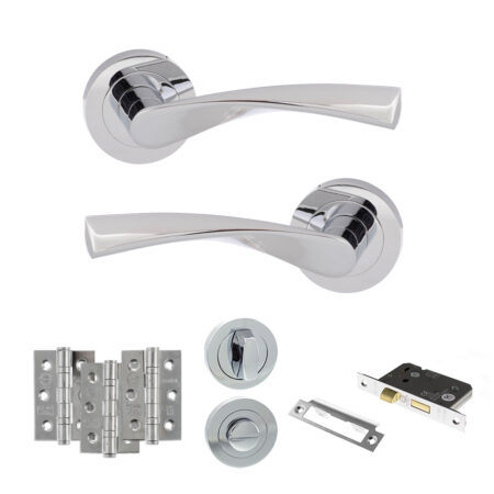 Eco Aqua Door Handle Pack (Bathroom Set - 3" CE Bathroom Lock, 3" Fire Rated Hinges x3) - Polished Chrome