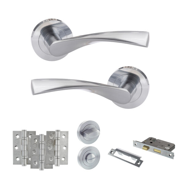 Eco Aqua Door Handle Pack (Bathroom Set - 3" CE Bathroom Lock, 3" Fire Rated Hinges x3) - Satin Chrome