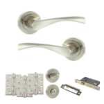 Eco Aqua Door Handle Pack (Bathroom Set - 3" CE Bathroom Lock, 4" Fire Rated Hinges x3) - Satin Nickel/Nickel Plate