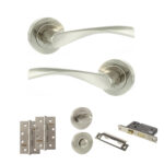 Eco Aqua Door Handle Pack (Bathroom Set - 2.5" CE Bathroom Lock, 4" Slim Knuckle Hinges x2) - Satin Nickel/Nickel Plate
