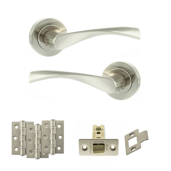 Eco Aqua Door Handle Pack (Latch Set - 2.5" CE Latch, 3" Fire Rated Hinges x3) - Satin Nickel/Nickel Plate