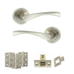 Eco Aqua Door Handle Pack (Latch Set - 3" CE Latch, 3" Fire Rated Hinges x3) - Satin Nickel/Nickel Plate