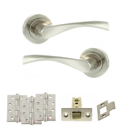 Eco Aqua Door Handle Pack (Latch Set - 2.5" CE Latch, 4" Fire Rated Hinges x3) - Satin Nickel/Nickel Plate