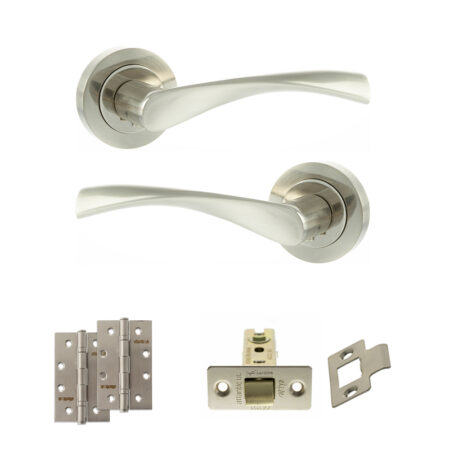 Eco Aqua Door Handle Pack (Latch Set - 2.5" CE Latch, 4" Slim Knuckle Hinges x2) - Satin Nickel/Nickel Plate