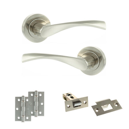 Eco Aqua Door Handle Pack (Latch Set - 2.5" Latch, 3" Hinges x2) - Satin Nickel/Nickel Plate