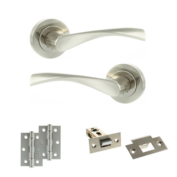 Eco Aqua Door Handle Pack (Latch Set - 2.5" Latch, 3" Hinges x2) - Satin Nickel/Nickel Plate