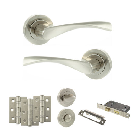 Eco Aqua Door Handle Pack (Bathroom Set - 2.5" CE Bathroom Lock, 3" Fire Rated Hinges x3) - Satin Nickel/Nickel Plate