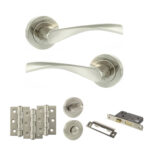 Eco Aqua Door Handle Pack (Bathroom Set - 3" CE Bathroom Lock, 3" Fire Rated Hinges x3) - Satin Nickel/Nickel Plate