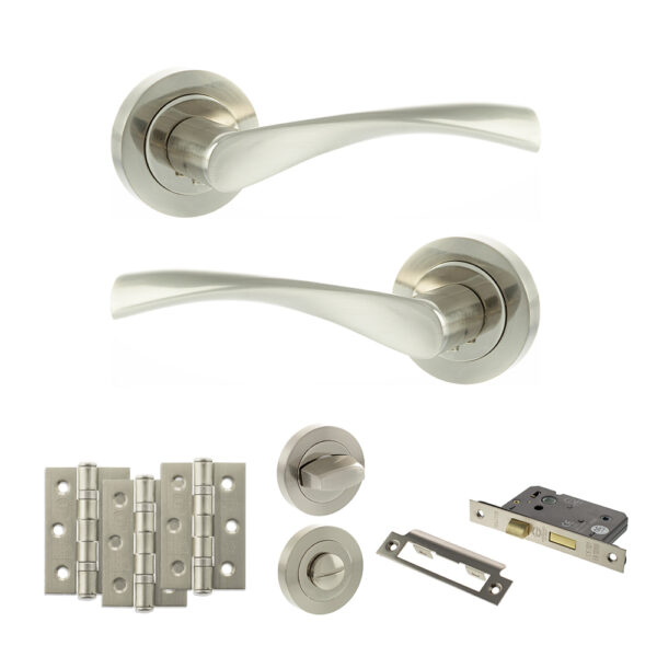 Eco Aqua Door Handle Pack (Bathroom Set - 3" CE Bathroom Lock, 3" Fire Rated Hinges x3) - Satin Nickel/Nickel Plate