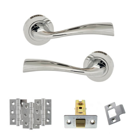 Eco Wave Door Handle Pack (Latch Set - 2.5" CE Latch, 3" Fire Rated Hinges x3) - Polished Chrome