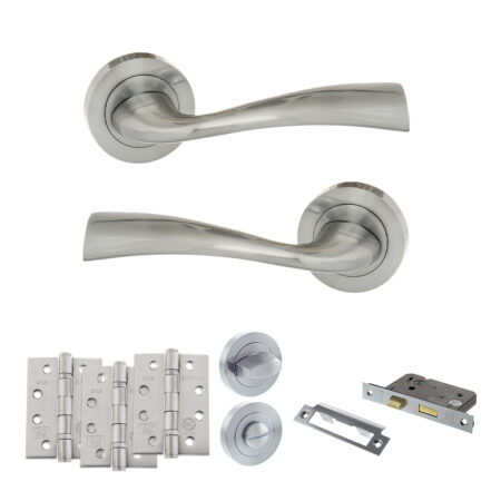 Eco Wave Door Handle Pack (Bathroom Set - 3" CE Bathroom Lock, 4" Fire Rated Hinges x3) - Polished Chrome