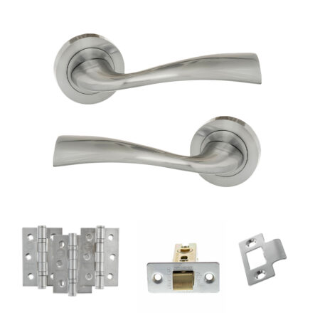 Eco Wave Door Handle Pack (Latch Set - 2.5" CE Latch, 3" Fire Rated Hinges x3) - Satin Chrome