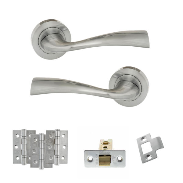 Eco Wave Door Handle Pack (Latch Set - 2.5" CE Latch, 3" Fire Rated Hinges x3) - Satin Chrome