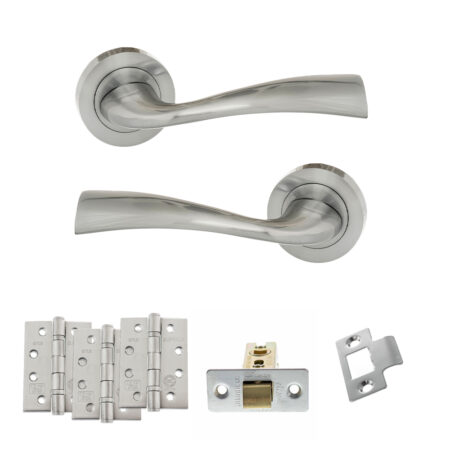 Eco Wave Door Handle Pack (Latch Set - 3" CE Latch, 4" Fire Rated Hinges x3) - Polished Chrome